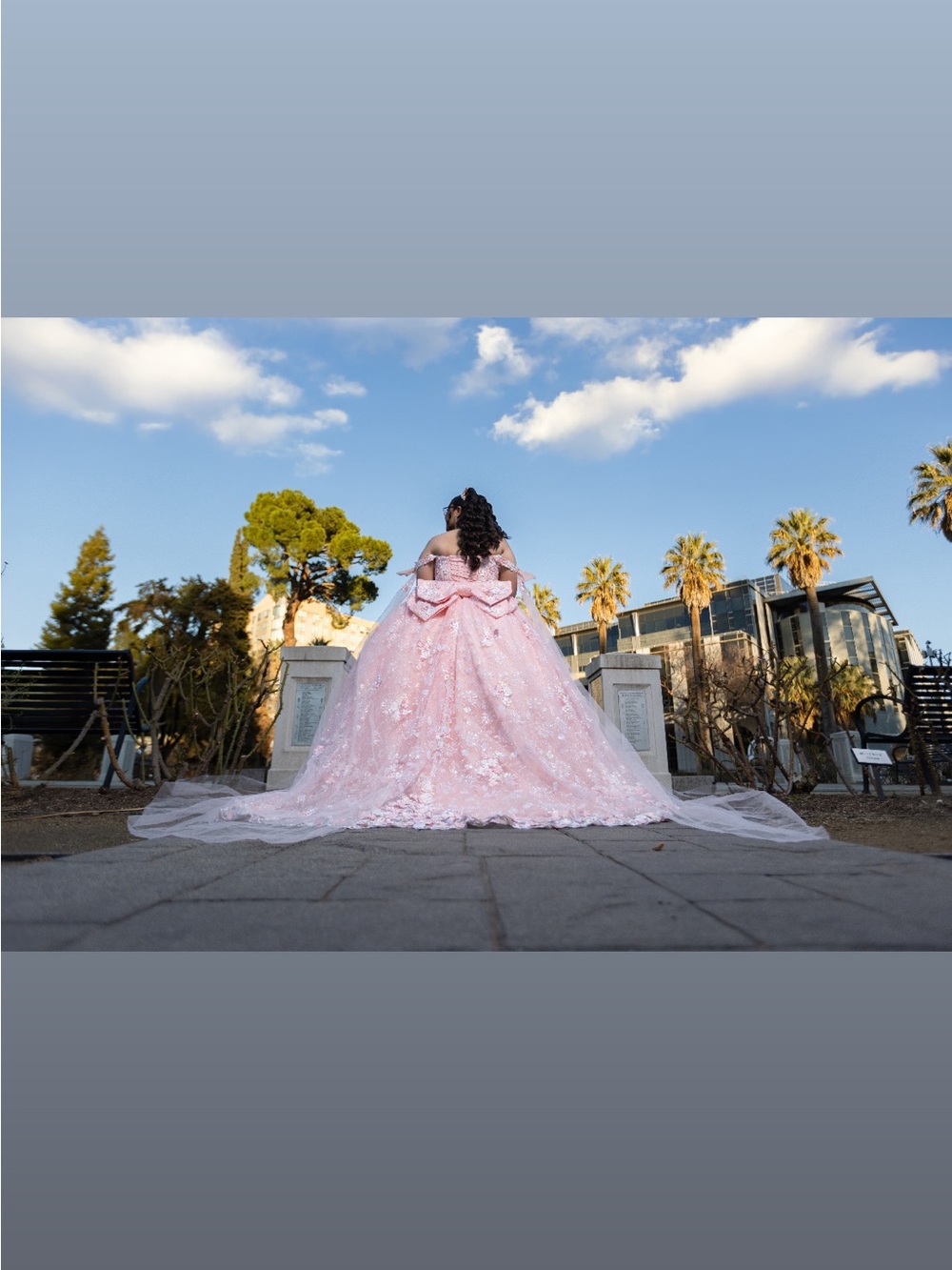Pink Off-Shoulder Floral Quinceañera Gown with Back Bow